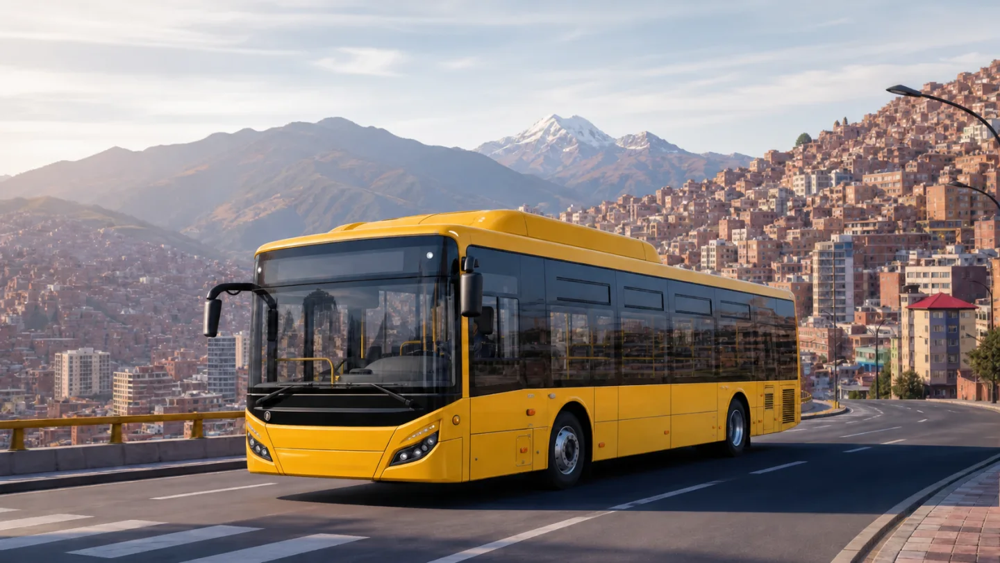 Bus PumaKatari amarillo recorriendo La Paz