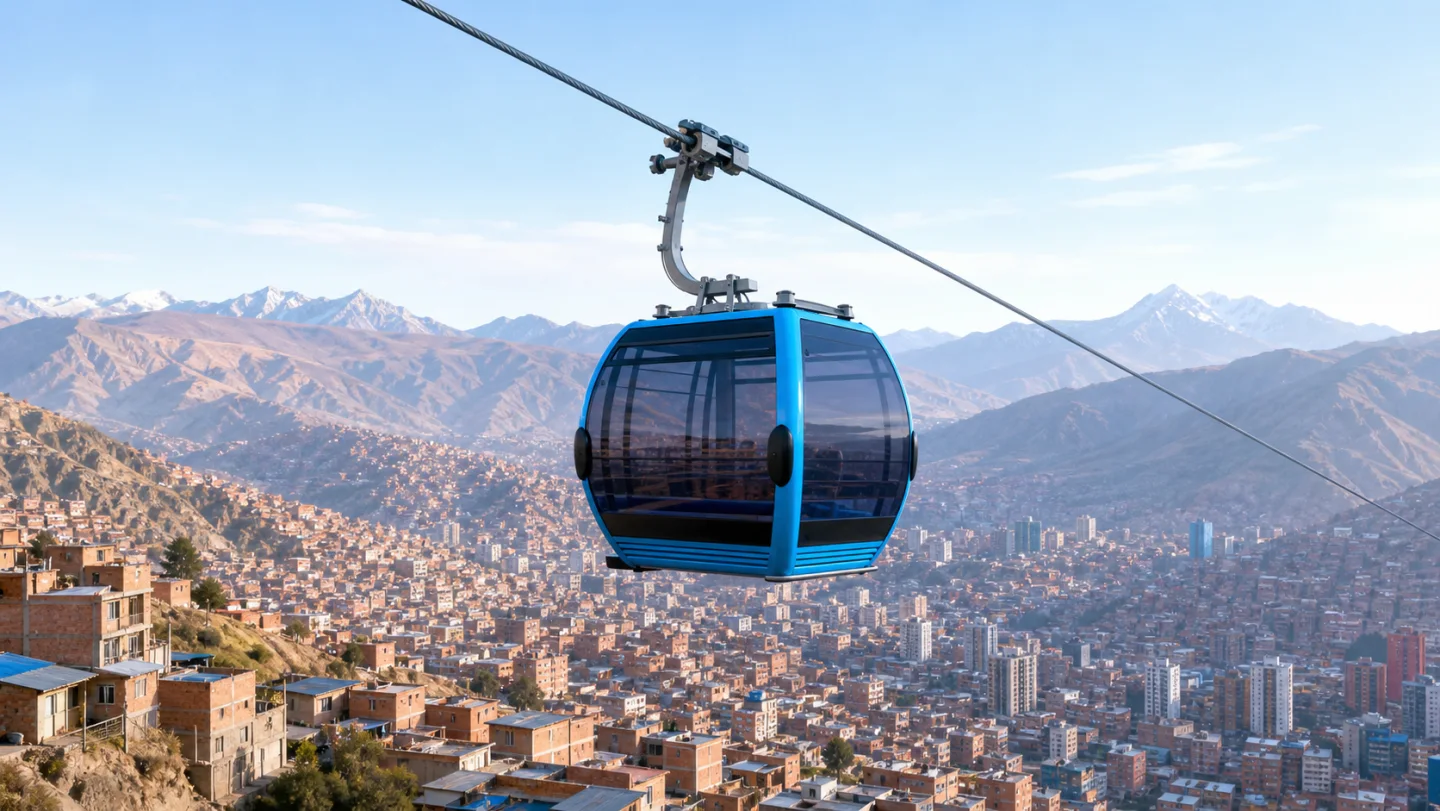 Cabina de Mi Teleférico sobre la ciudad de La Paz